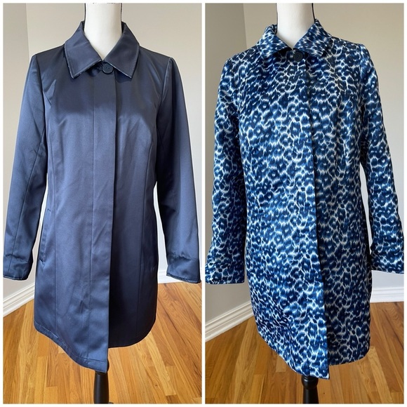 Dennis by Dennis Basso blue and leopard cheetah reversible dress coat size S - Picture 1 of 16